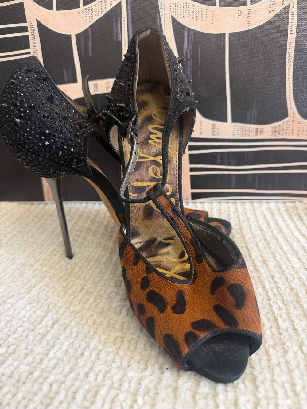 Sam Edelman Leopard & Black Crystal T-Strap Stiletto Heels
